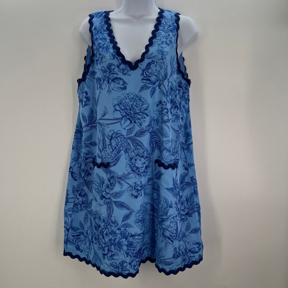 TCEC Blue Floral Ric-Rac Trim V-Neck Mini Shift Dress Womens Large NEW